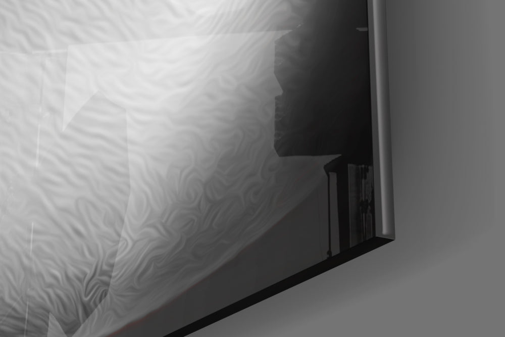 Burn the Money glass wall art catching light to reveal its painted smoke