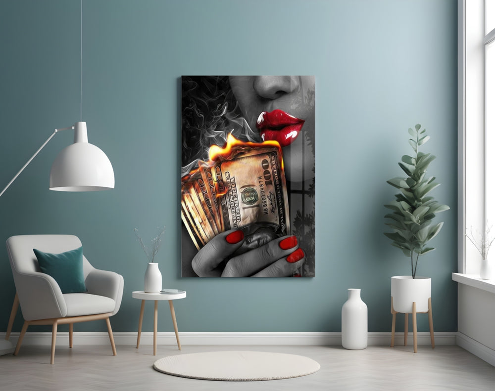 Burn the Money Lips artwork styled in a designer office interior