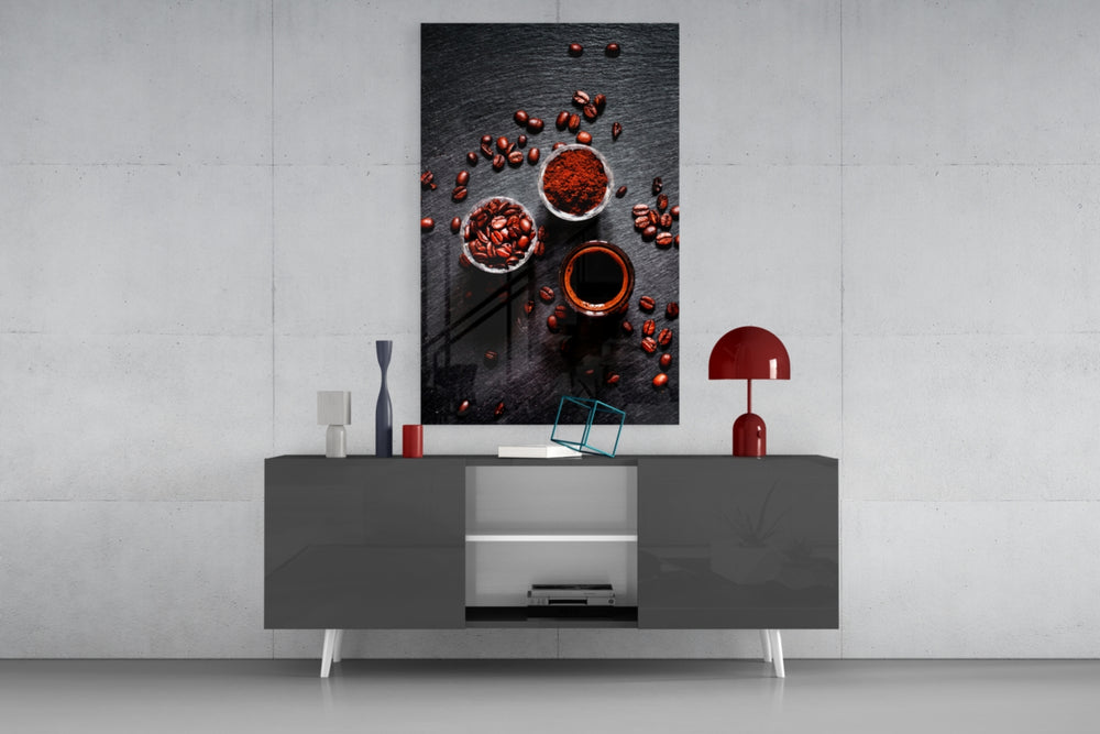 Coffee Trio glass wall art catching light to reveal its painted beans