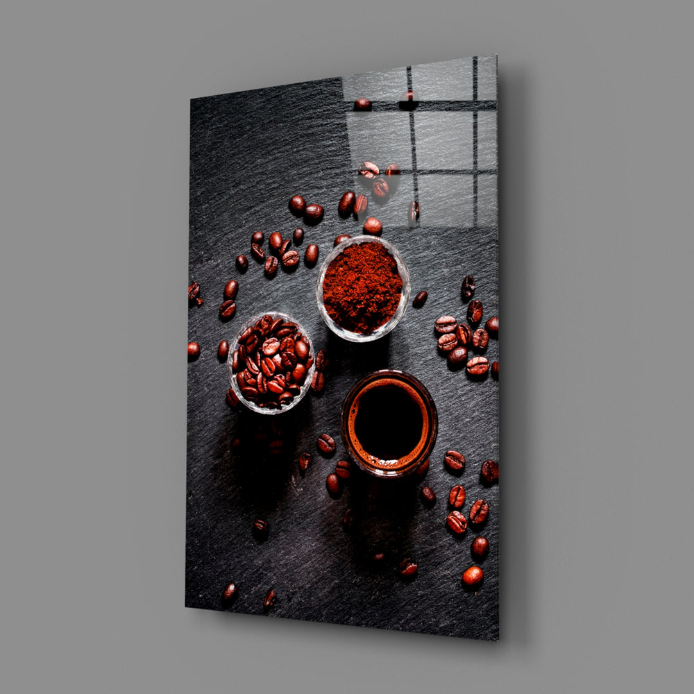 Café still-life panel anchoring a kitchen breakfast nook wall