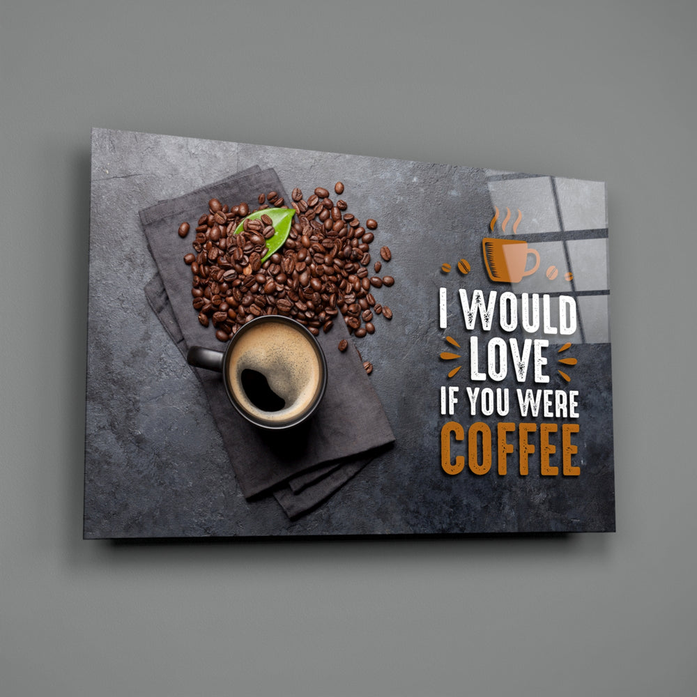 Close-up detail of coffee cup with quote behind glass