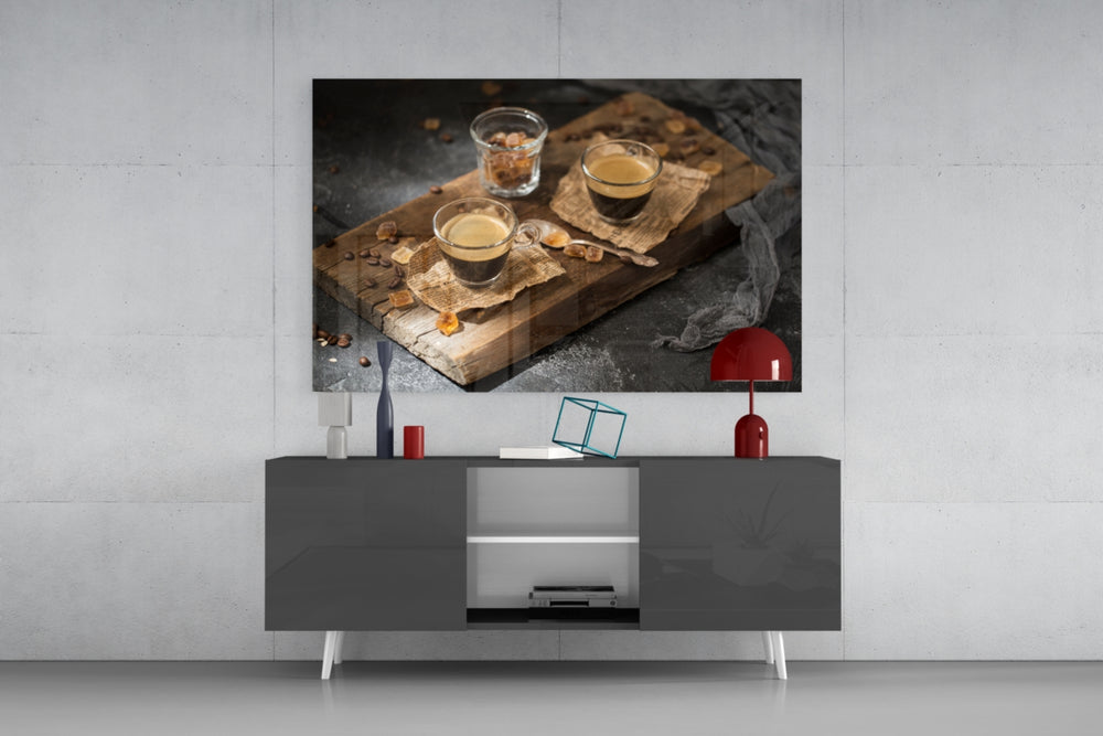 Rustic Espresso glass wall art catching light to reveal its painted crema