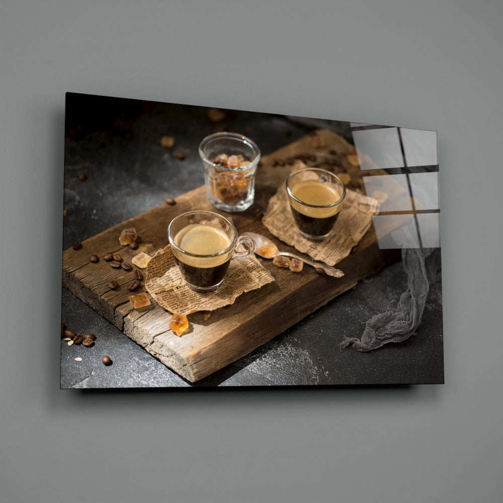 Café still-life panel anchoring a kitchen breakfast nook wall