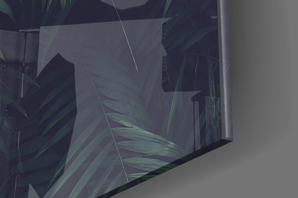 Secret of Happiness glass wall art catching light to reveal its painted leaves