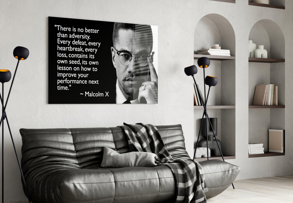 Words of Malcolm X artwork styled in a creative loft interior