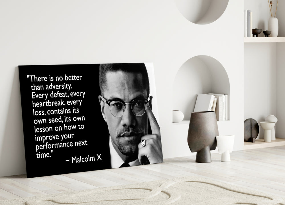 Close-up detail of Malcolm X with quote behind glass