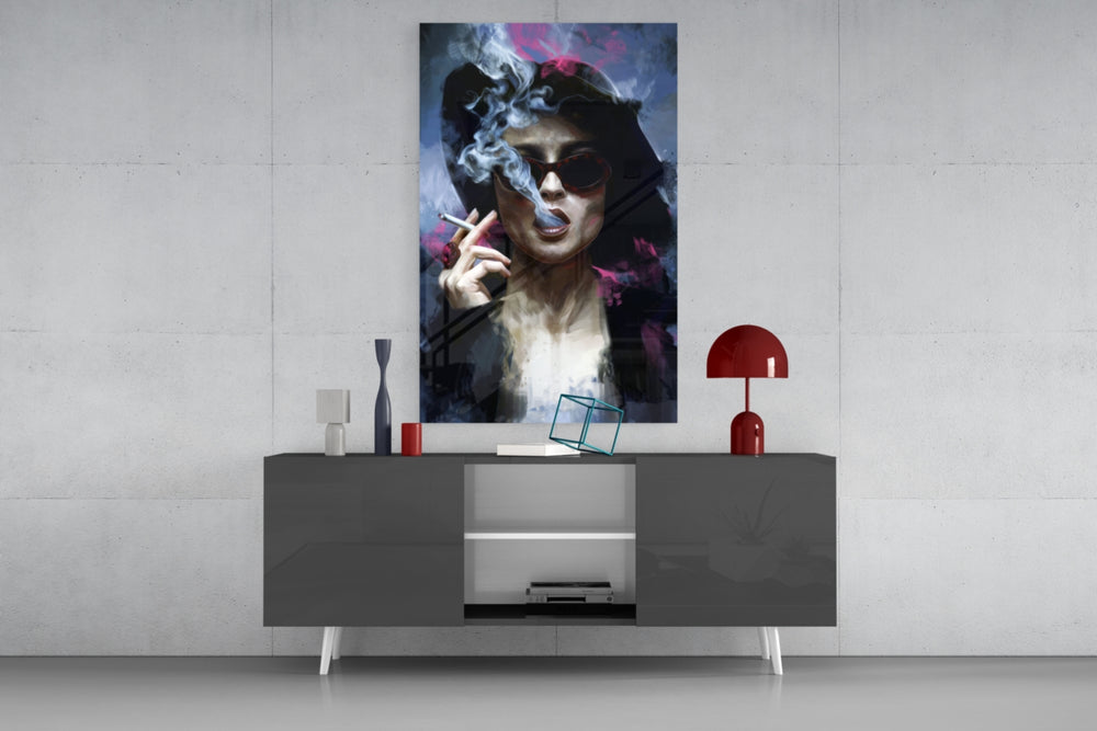 Marla Singer glass wall art catching light to reveal its painted smoke