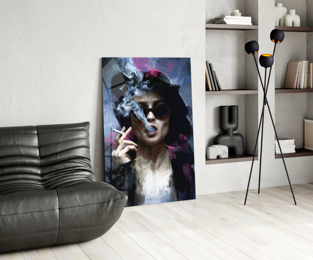 Cult-cinema glass print bringing 90s edge to a moody bedroom