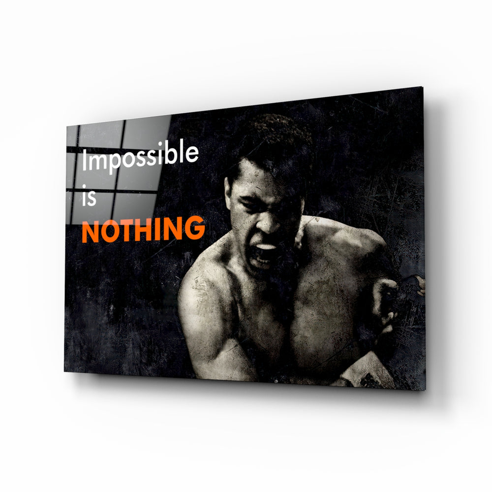 Muhammad Ali Impossible Is Nothing glass wall art in a modern home gym
