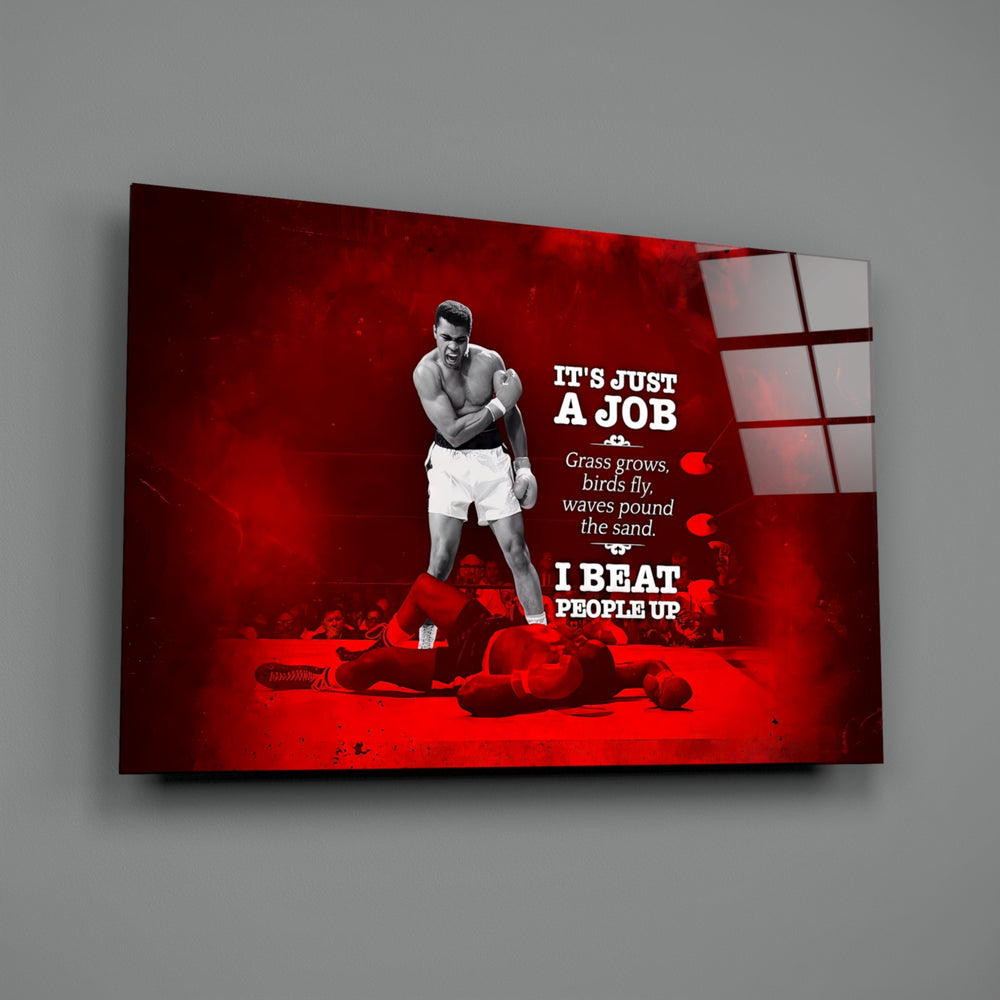 Close-up detail of Ali in scarlet wash with quote behind glass