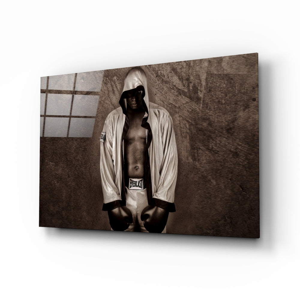 Boxing tribute panel anchoring a man cave wall