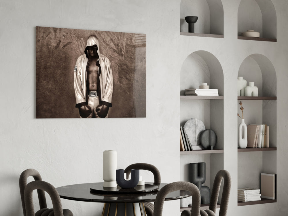 Boxing yatay panel against a moody dark-painted accent wall