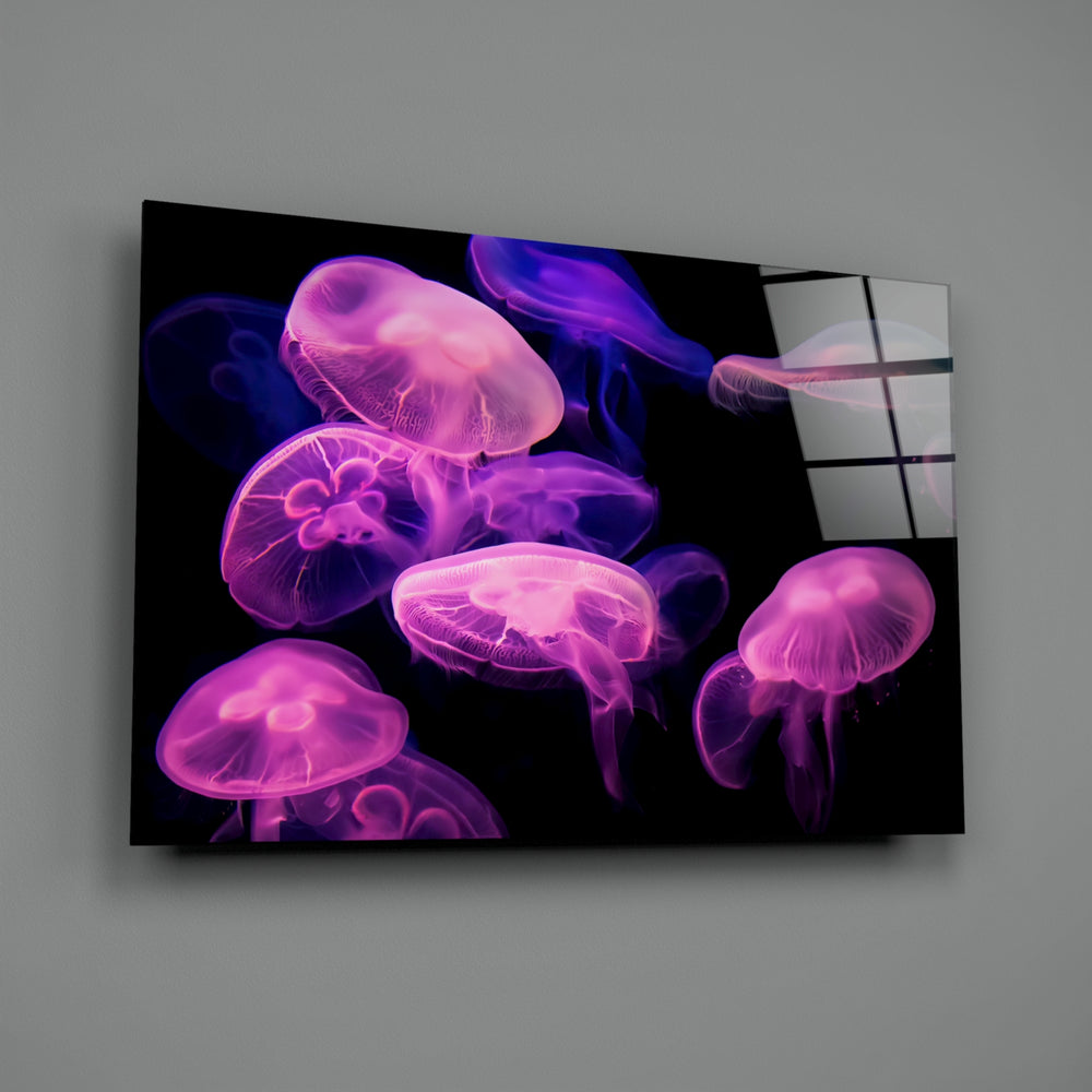Close-up detail of moon jellyfish drift behind glass