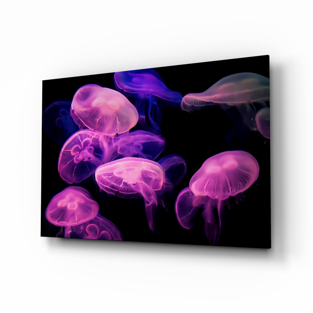 Bioluminescent wildlife panel anchoring a coastal living room wall