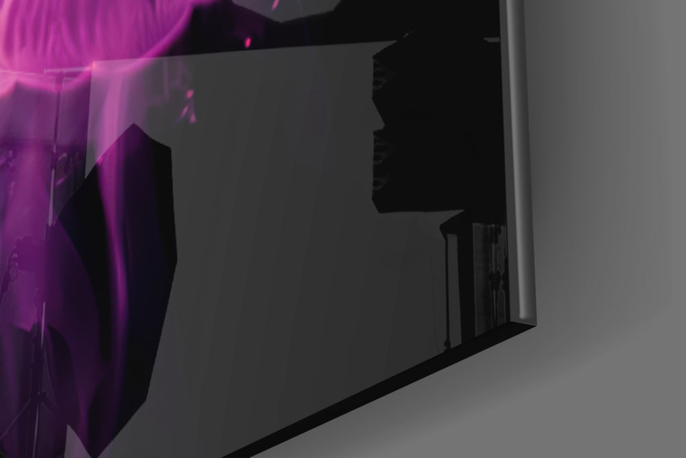 Neon Jellyfish glass wall art catching light to reveal its painted bells