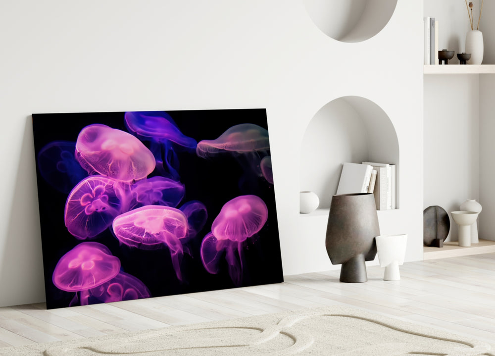 Neon Jellyfish artwork styled in a bedroom interior