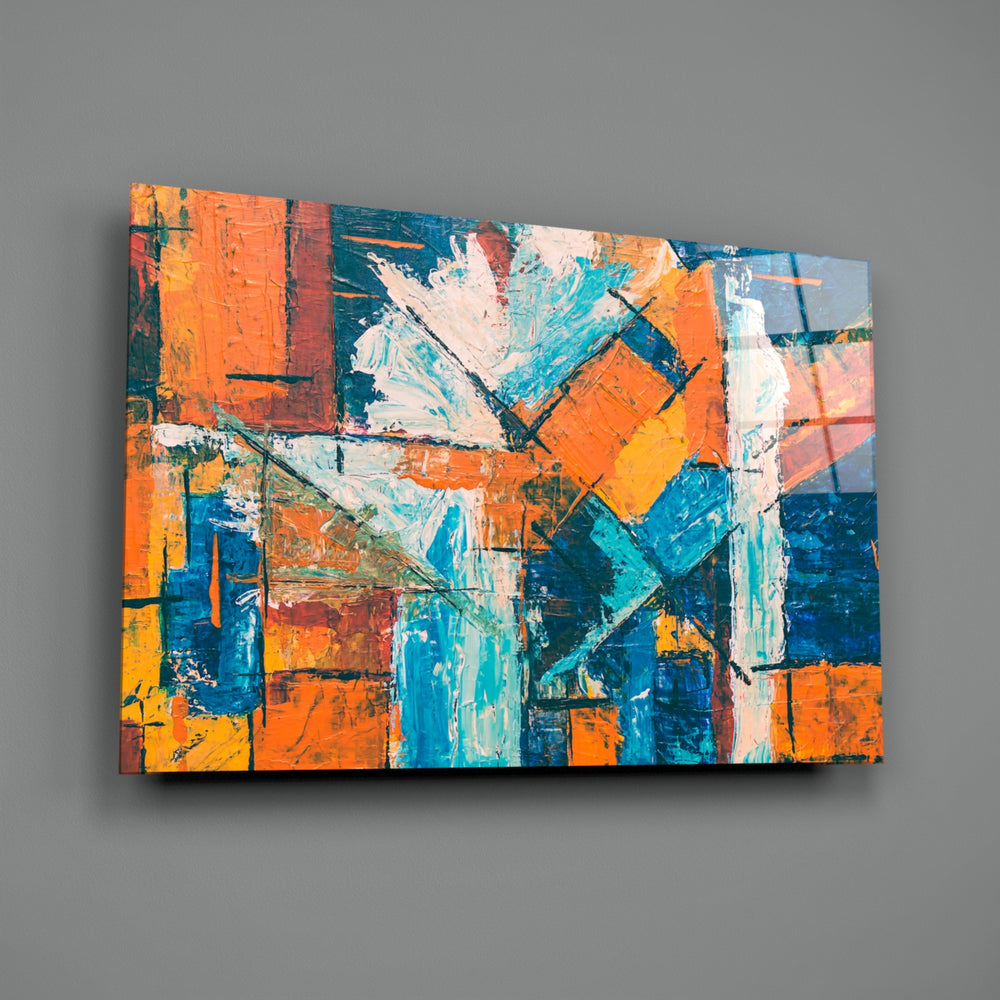 Close-up detail of tangerine-cobalt impasto behind glass