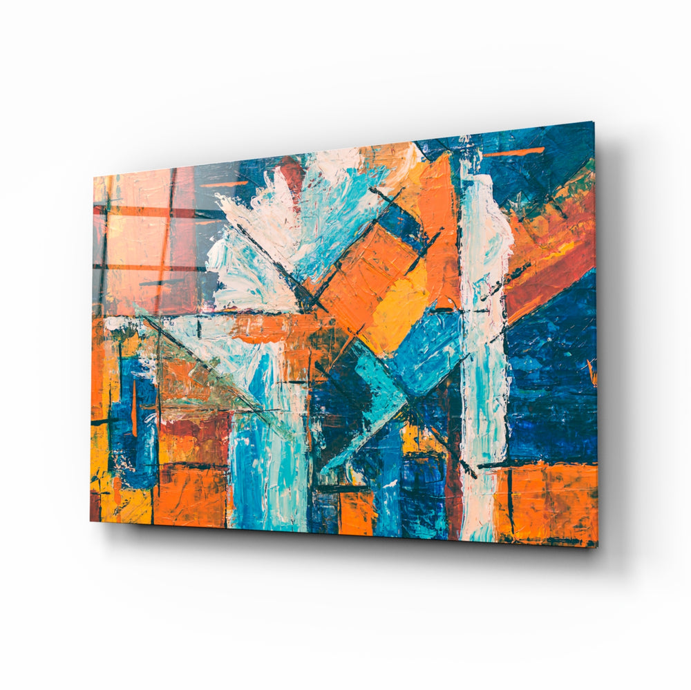 Abstract painting panel anchoring a designer office wall