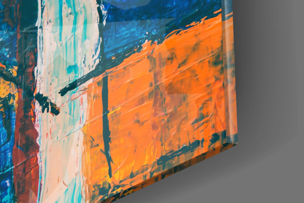 Orange Dream glass wall art catching light to reveal its painted impasto