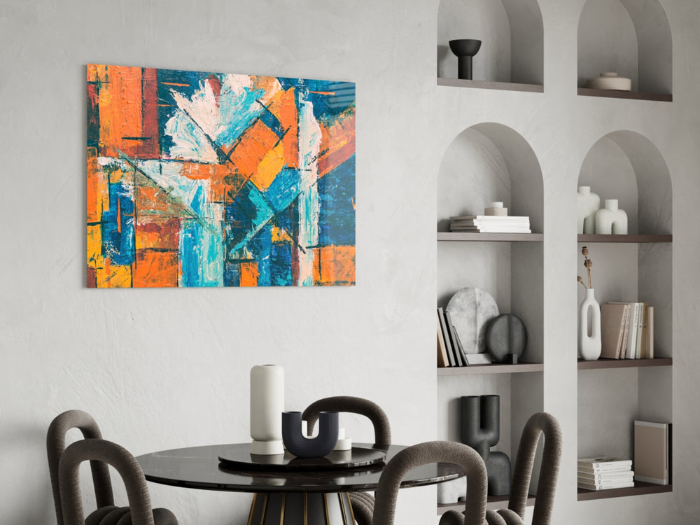 Abstract yatay panel against a moody dark-painted accent wall