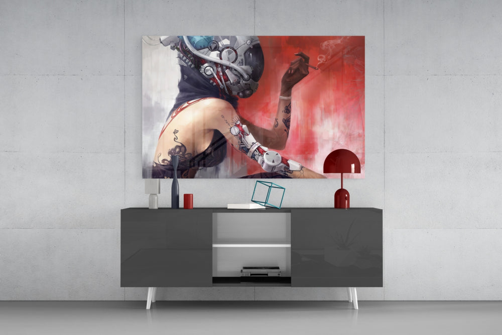 Transmutation glass wall art catching light to reveal its painted chrome