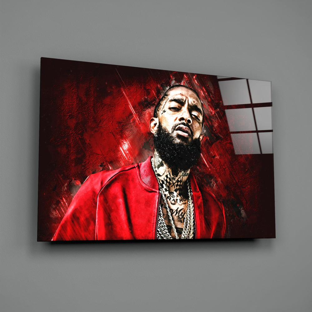 Close-up detail of Nipsey in scarlet leather behind glass