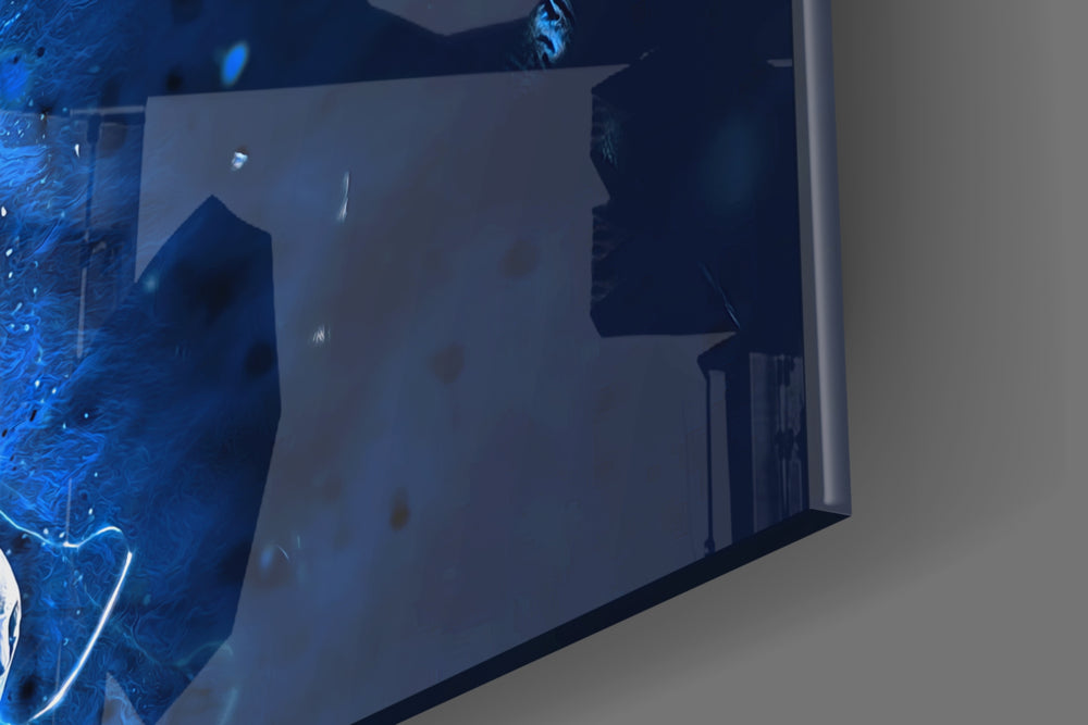 Nipsey Hussle Night glass wall art catching light to reveal its painted nebula