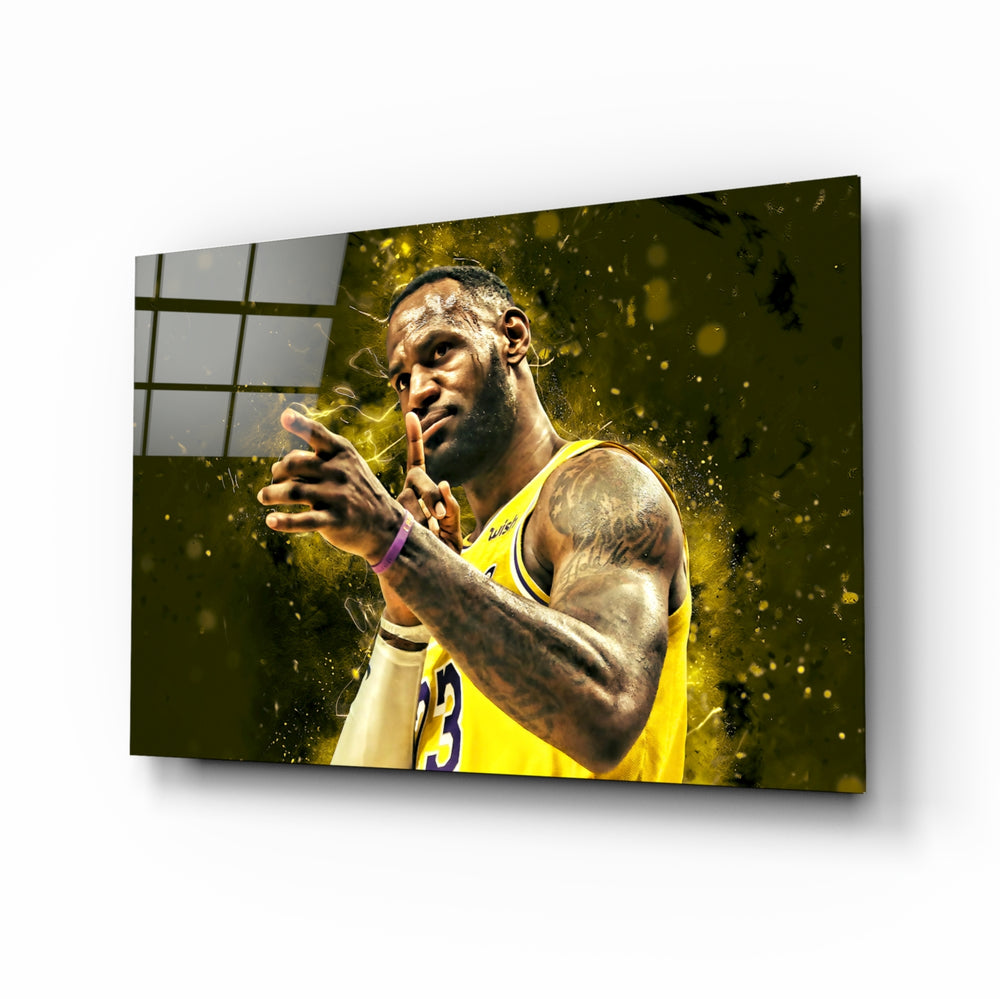 LeBron James Celebration glass wall art in a modern man cave