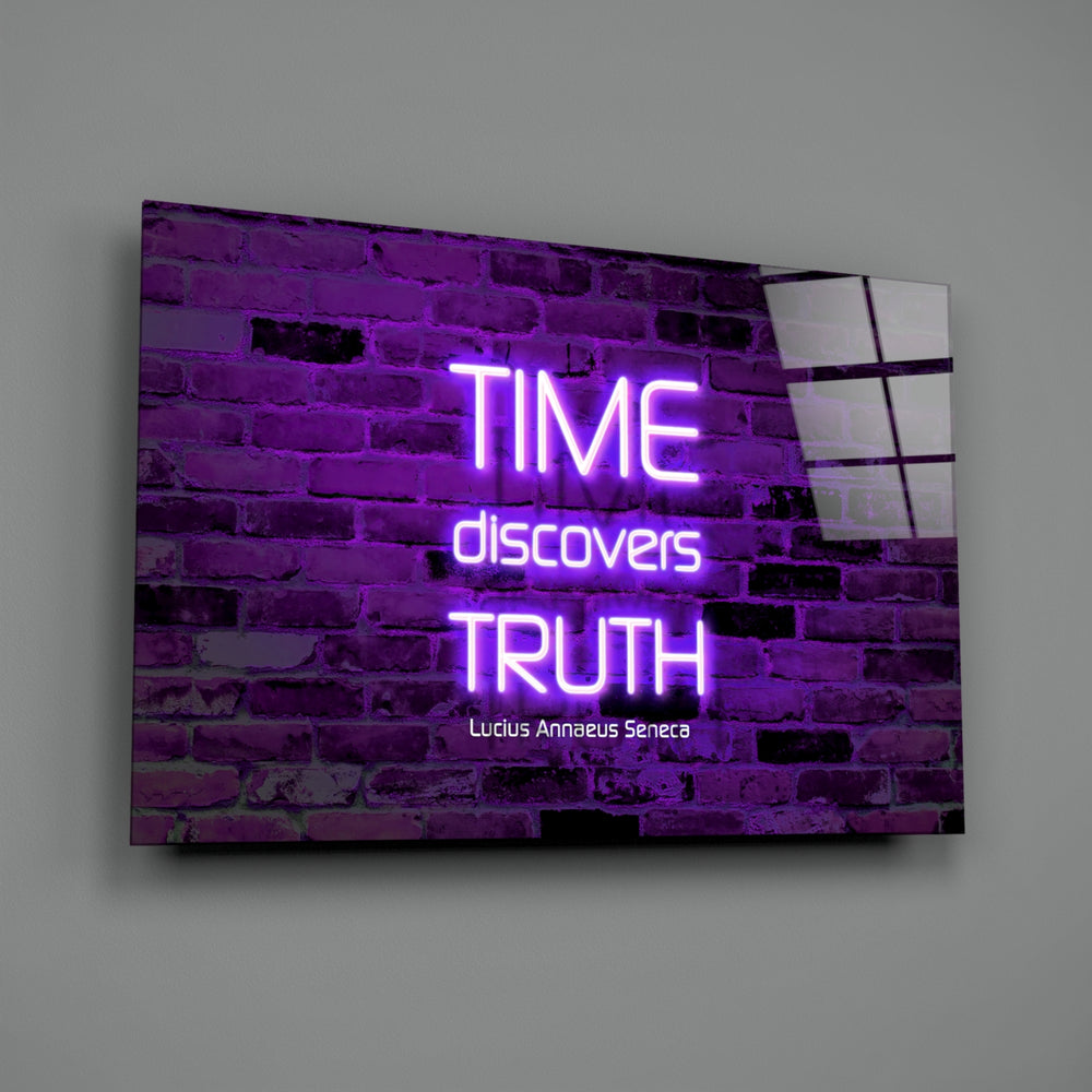 Stoic neon panel anchoring a home office wall
