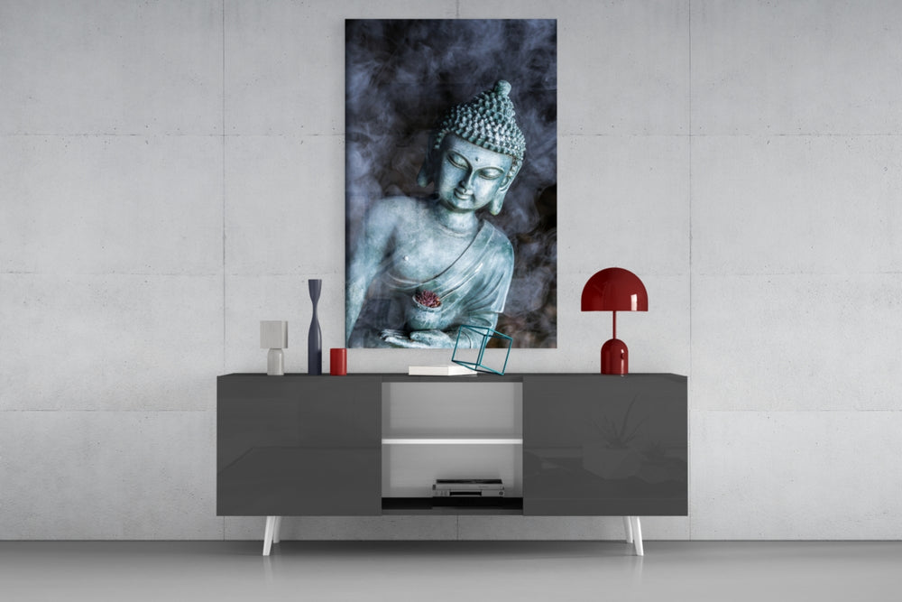 Bronze Buddha glass wall art catching light to reveal its painted smoke