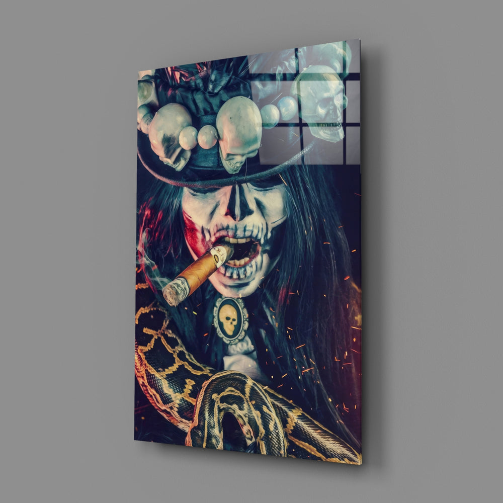 Close-up detail of voodoo priestess with cigar behind glass