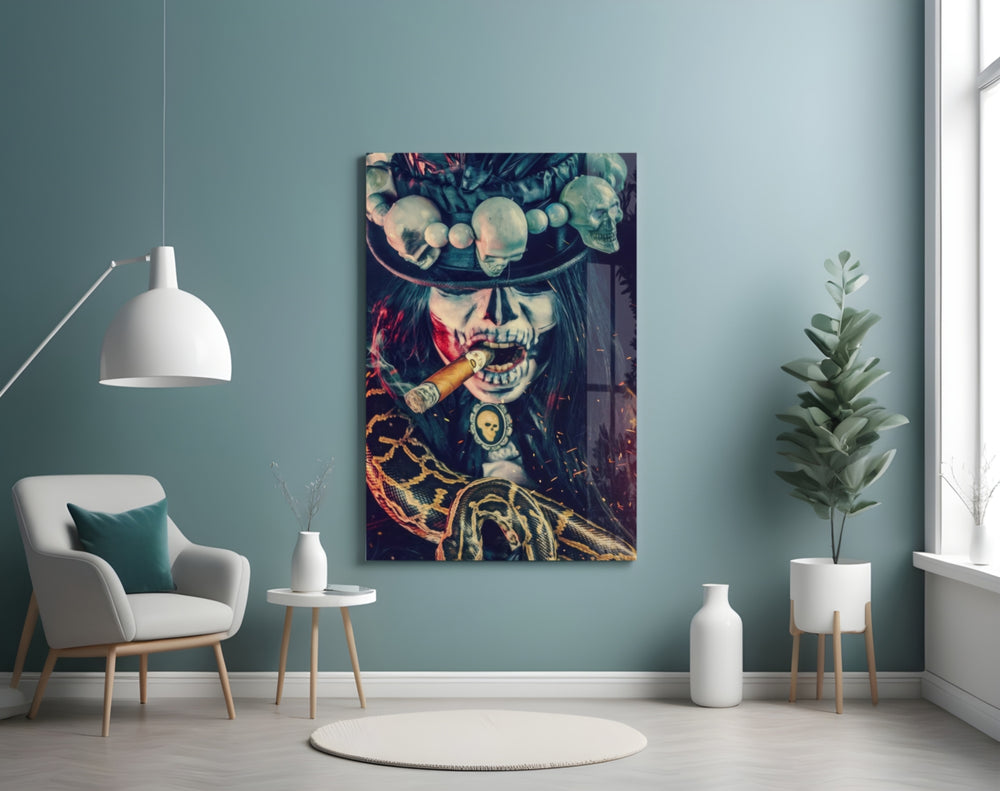 Dark-fantasy glass print bringing calavera edge to a high-end bar