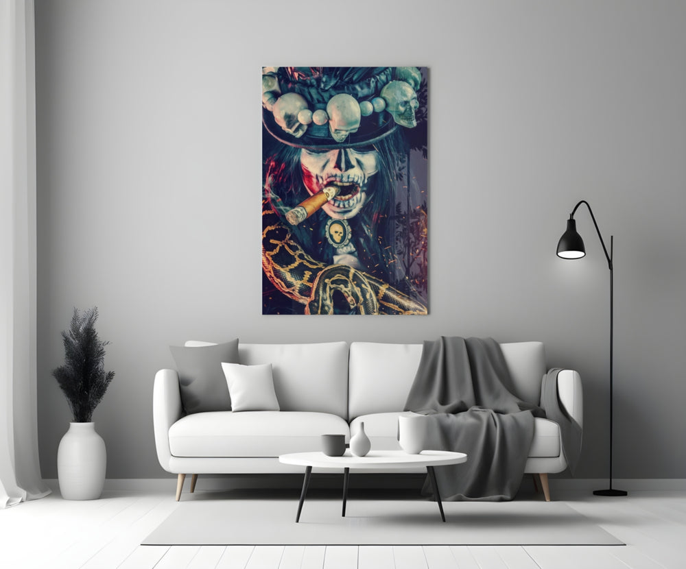 Voodoo Cigar artwork styled in a moody dining room interior