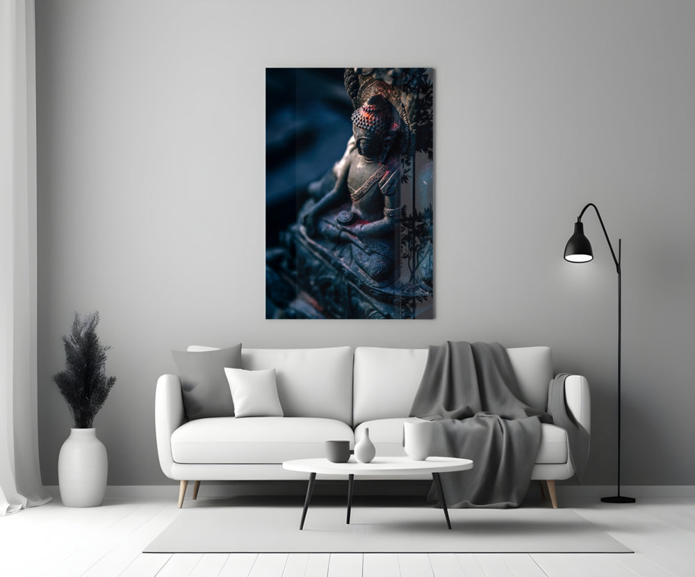 Stone Buddha artwork styled in a creative loft interior