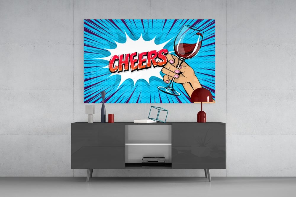 Cheers glass wall art catching light to reveal its painted halftone