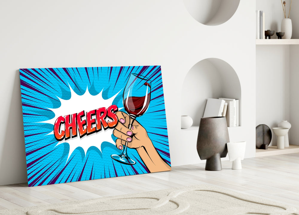 Close-up detail of comic Cheers wine toast behind glass