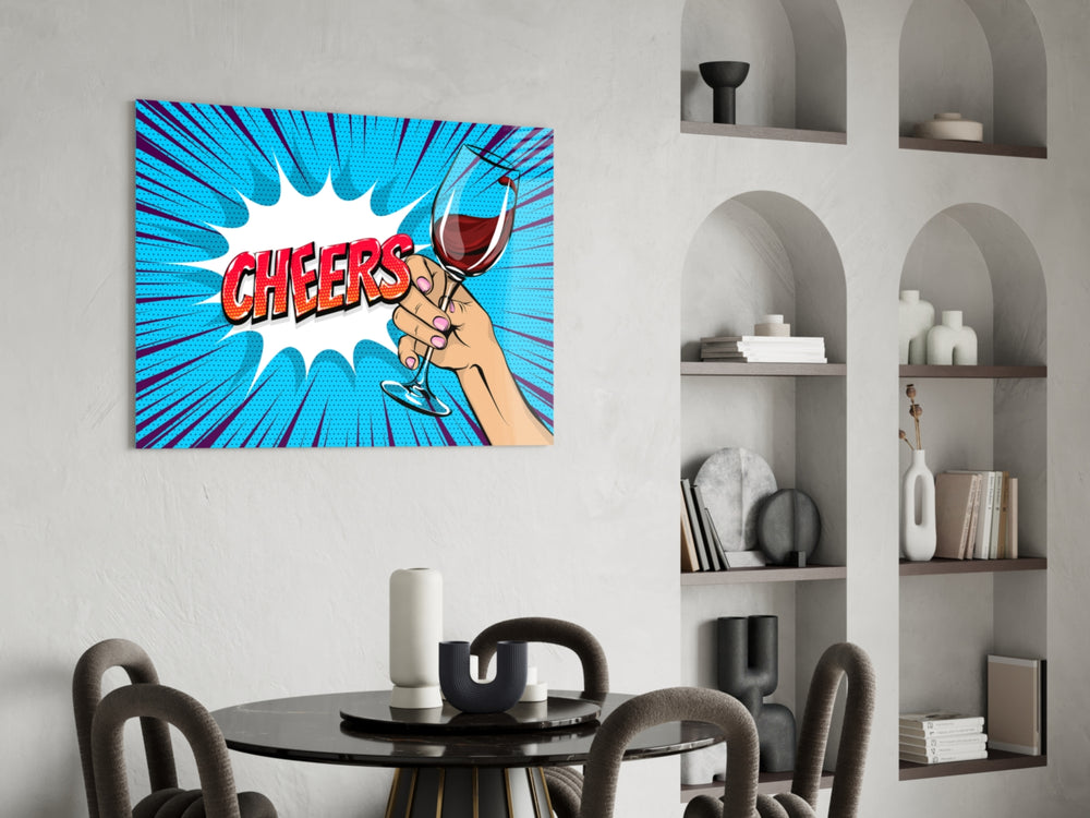 Pop-comic glass print bringing toast edge to a bistro