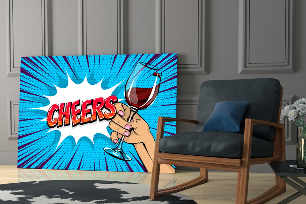 Pop-comic yatay panel against a dusky-blue painted accent wall
