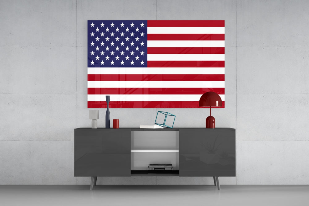 Flag of the United States glass wall art catching light to reveal its painted stripes