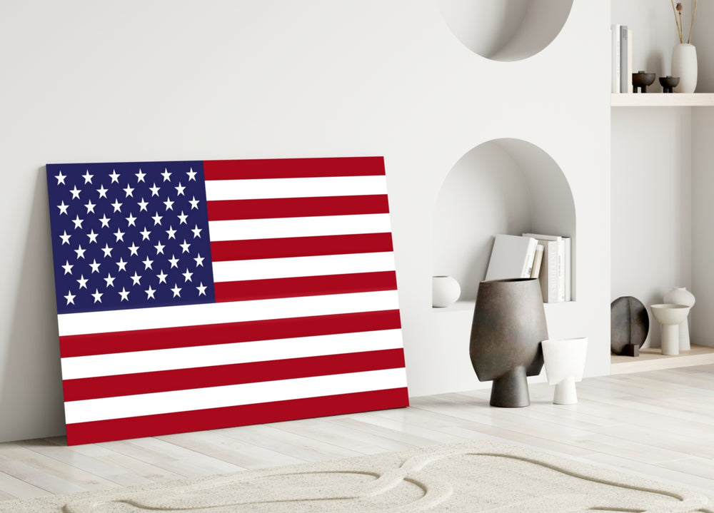Close-up detail of US flag behind glass