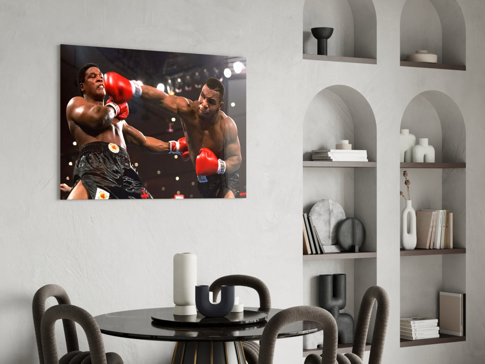 Boxing glass print bringing punch edge to a fight-club lounge