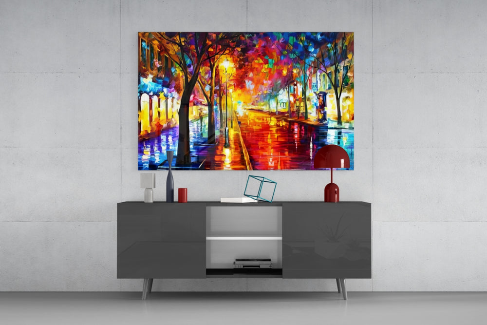 Lighted Street glass wall art catching light to reveal its painted impasto