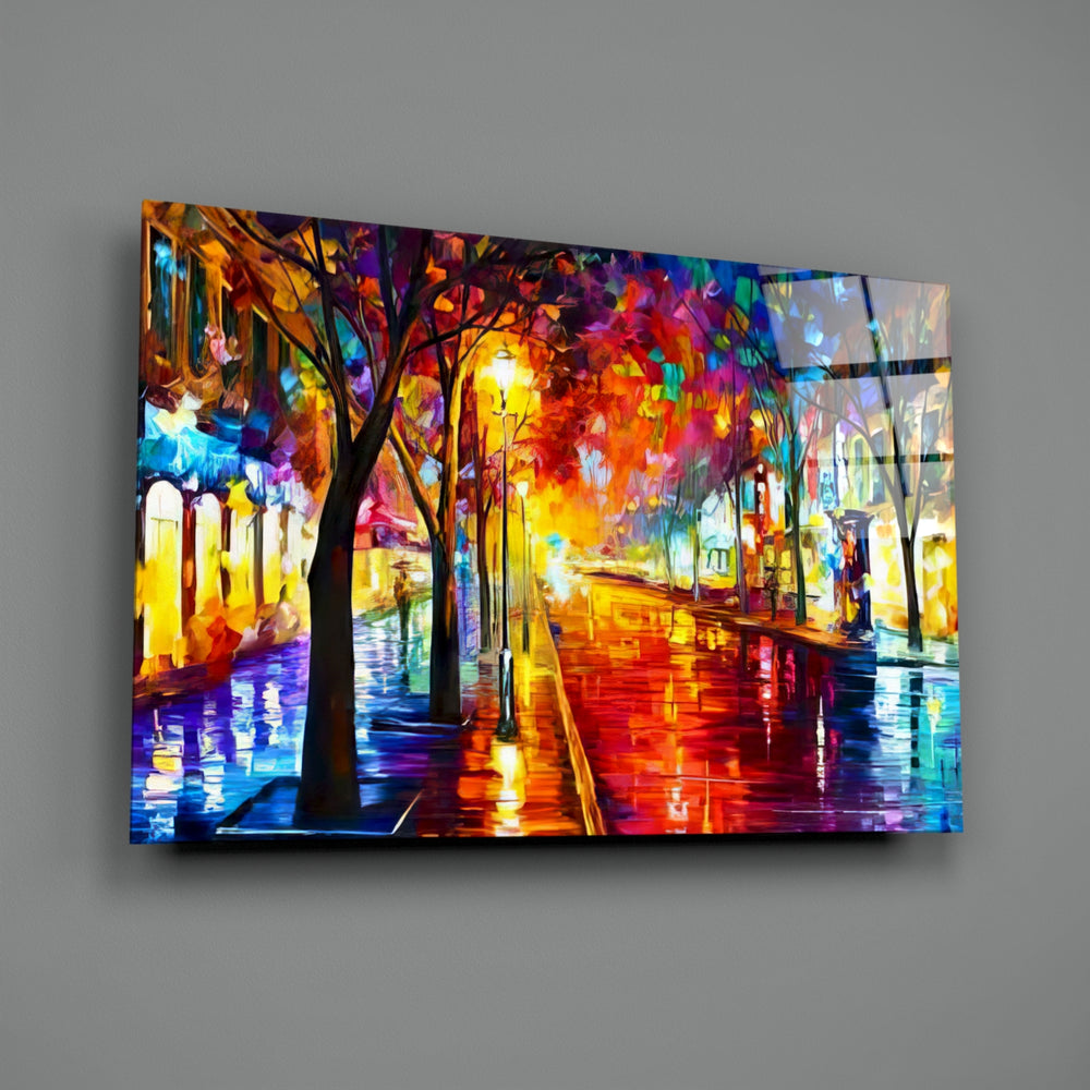 Impasto cityscape panel anchoring a creative loft wall
