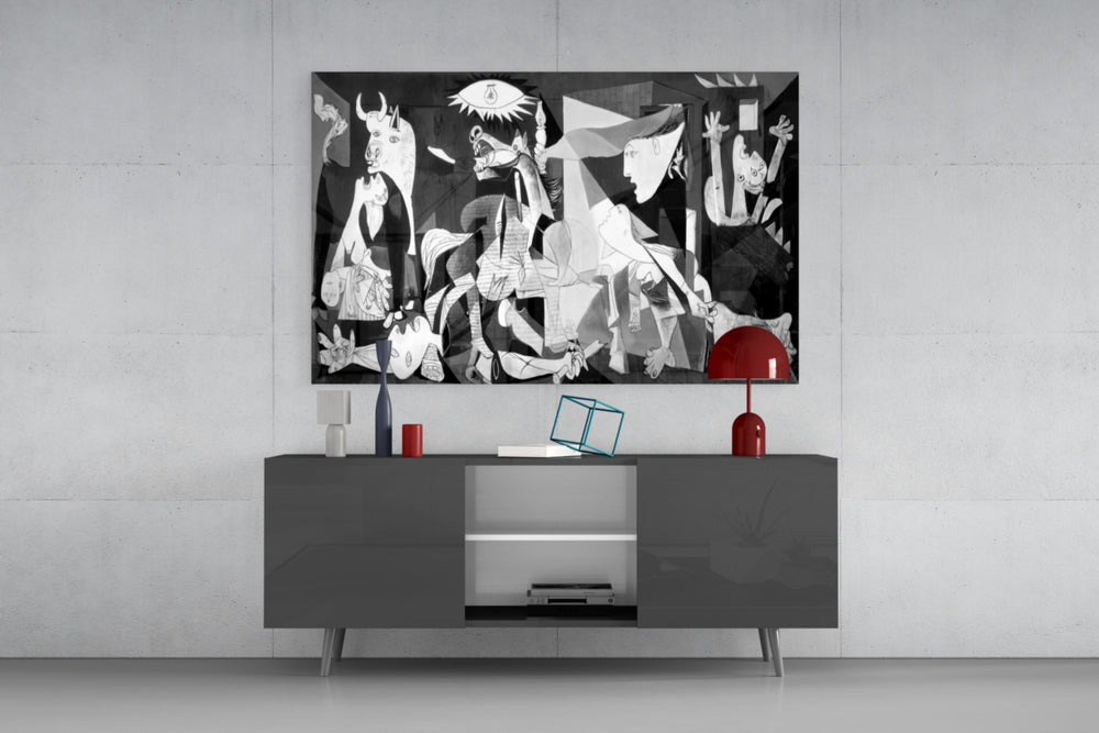 Guernica glass wall art catching light to reveal its painted plane