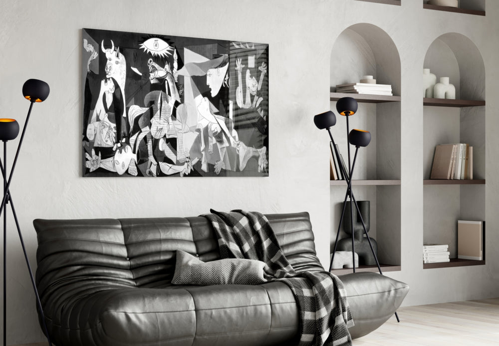 Guernica artwork styled in a home library interior