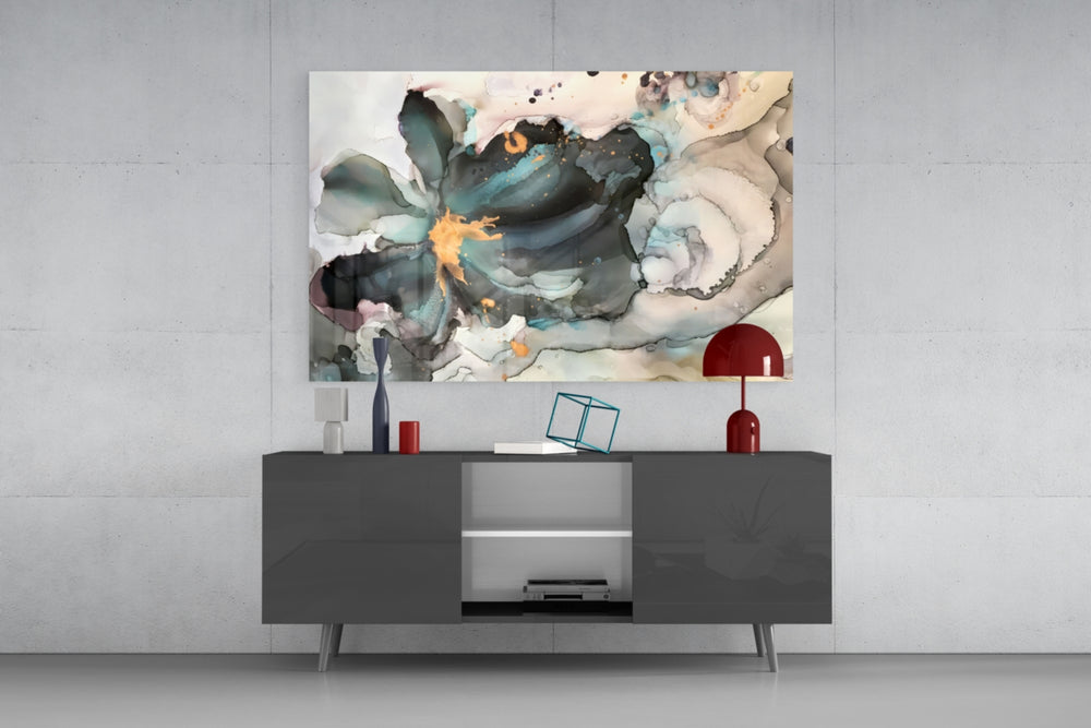 Marble Flower glass wall art catching light to reveal its painted marble