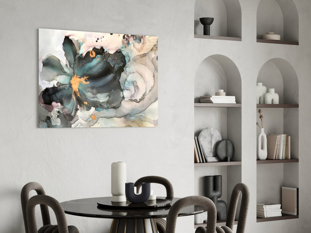 Alcohol-ink glass print bringing abstract edge to a designer office