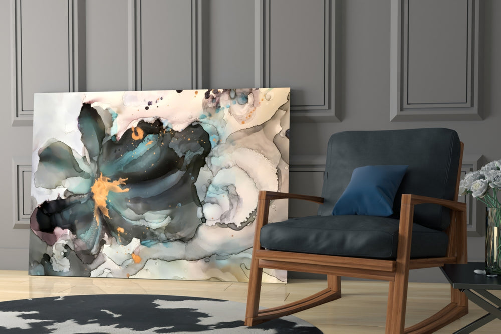 Abstract yatay panel against a dusky-cream painted accent wall