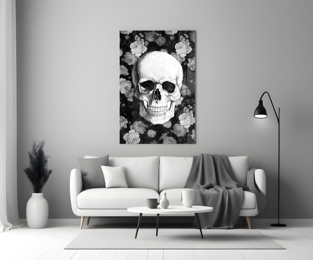Close-up detail of monochrome skull and roses behind glass