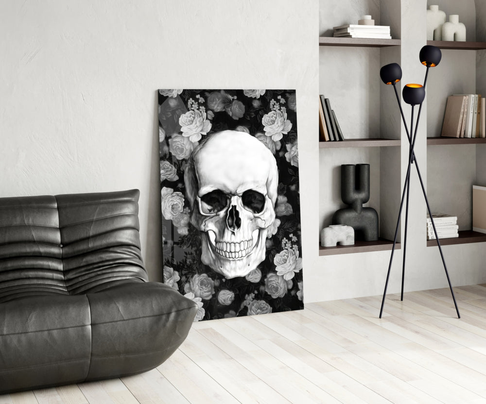 Gothic glass print bringing memento-mori edge to a tattoo studio